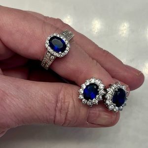 Celebrity designer inspired faux sapphire and diamond ring and earring set. 7.5